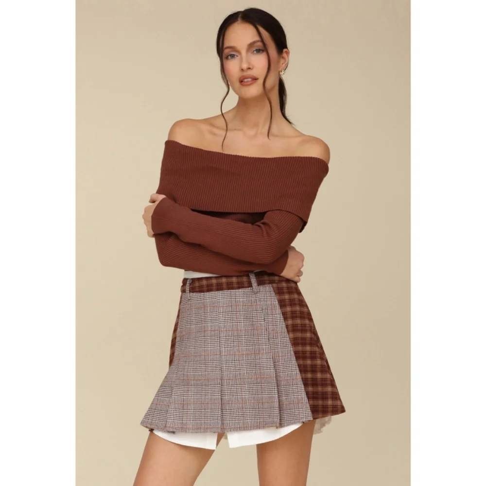 Avec Les Filles Mixed Plaid Pleated Mini Skirt Brown Grey XS Layered Hem Twee